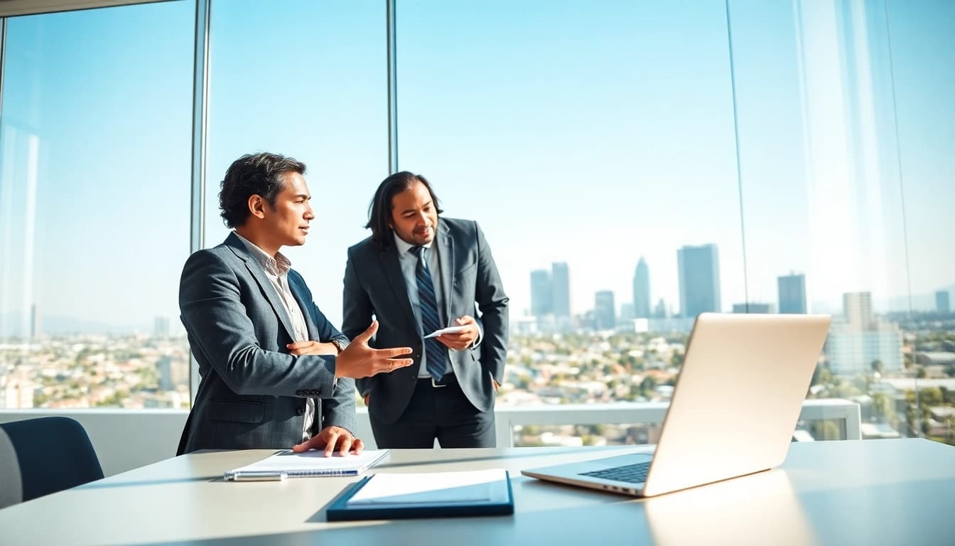Business coach los Angeles guiding an entrepreneur in a vibrant office setting.