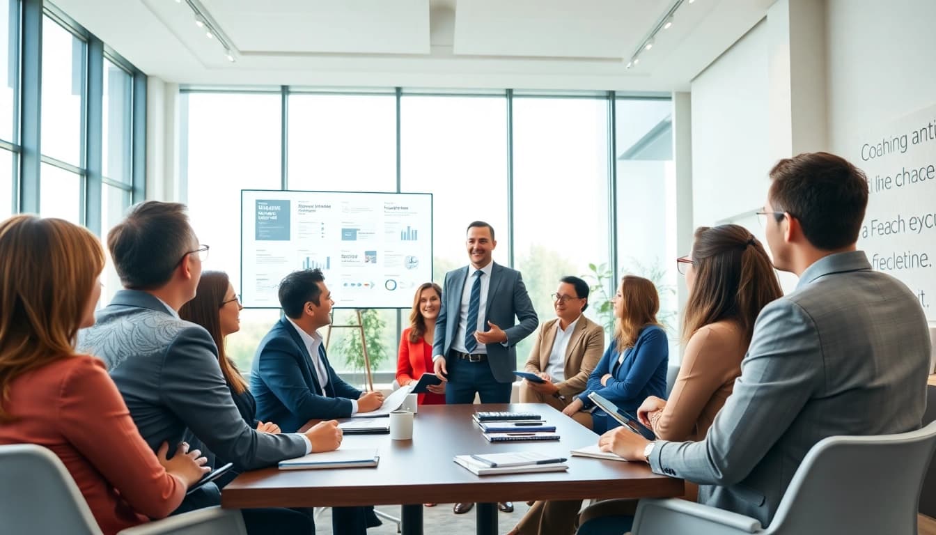 Empowered business coach Los Angeles guiding executives in a bright, modern office.