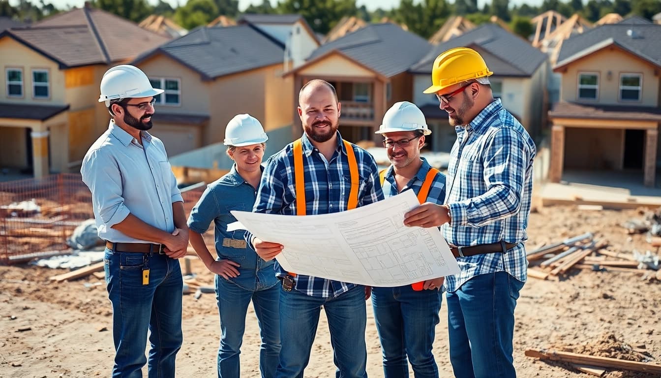 Builders discussing plans at a construction site, representing the Texas association of builders.