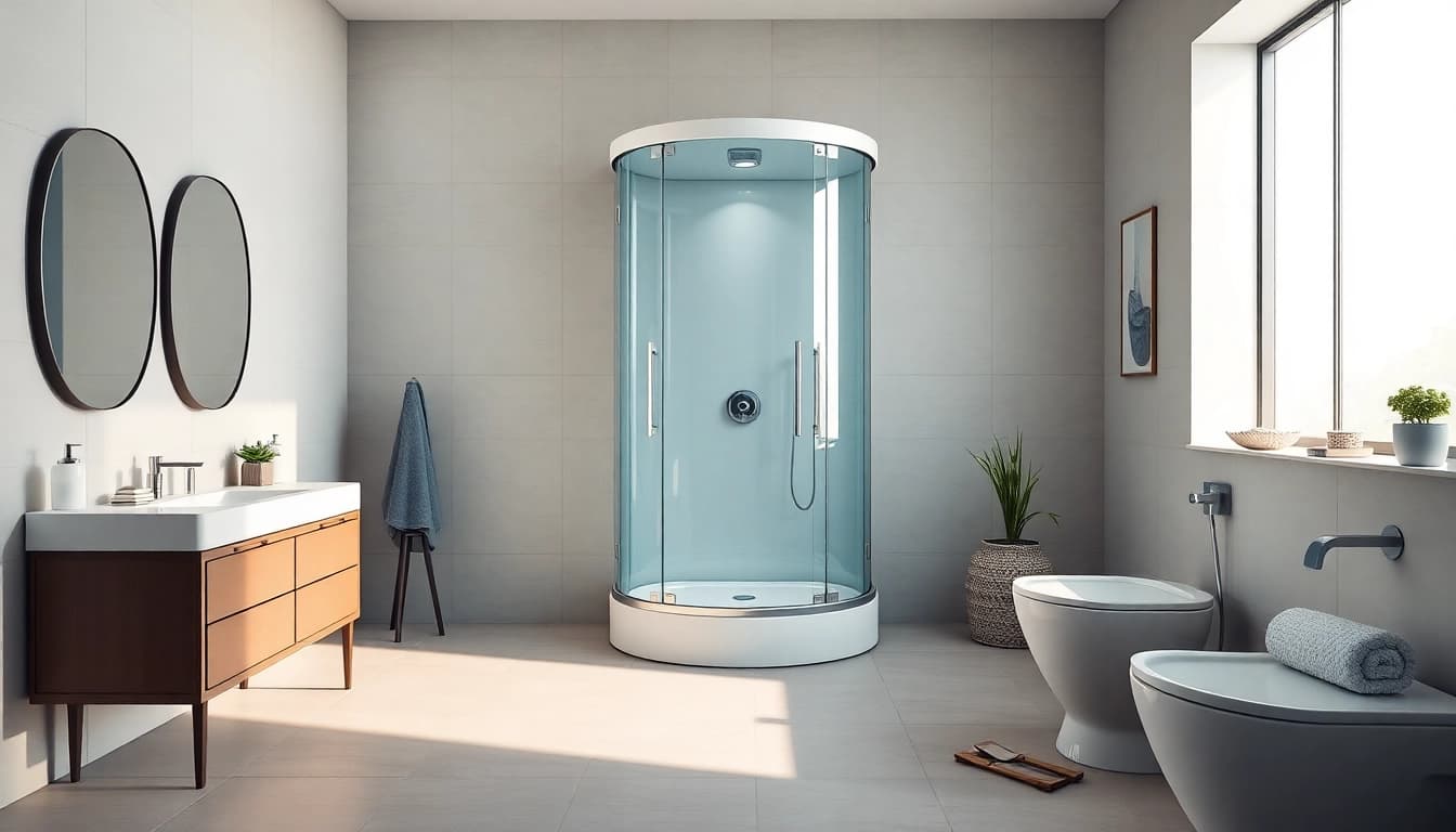 Admire the modern sirhona shower cabin enhancing the elegance of this stylish bathroom.