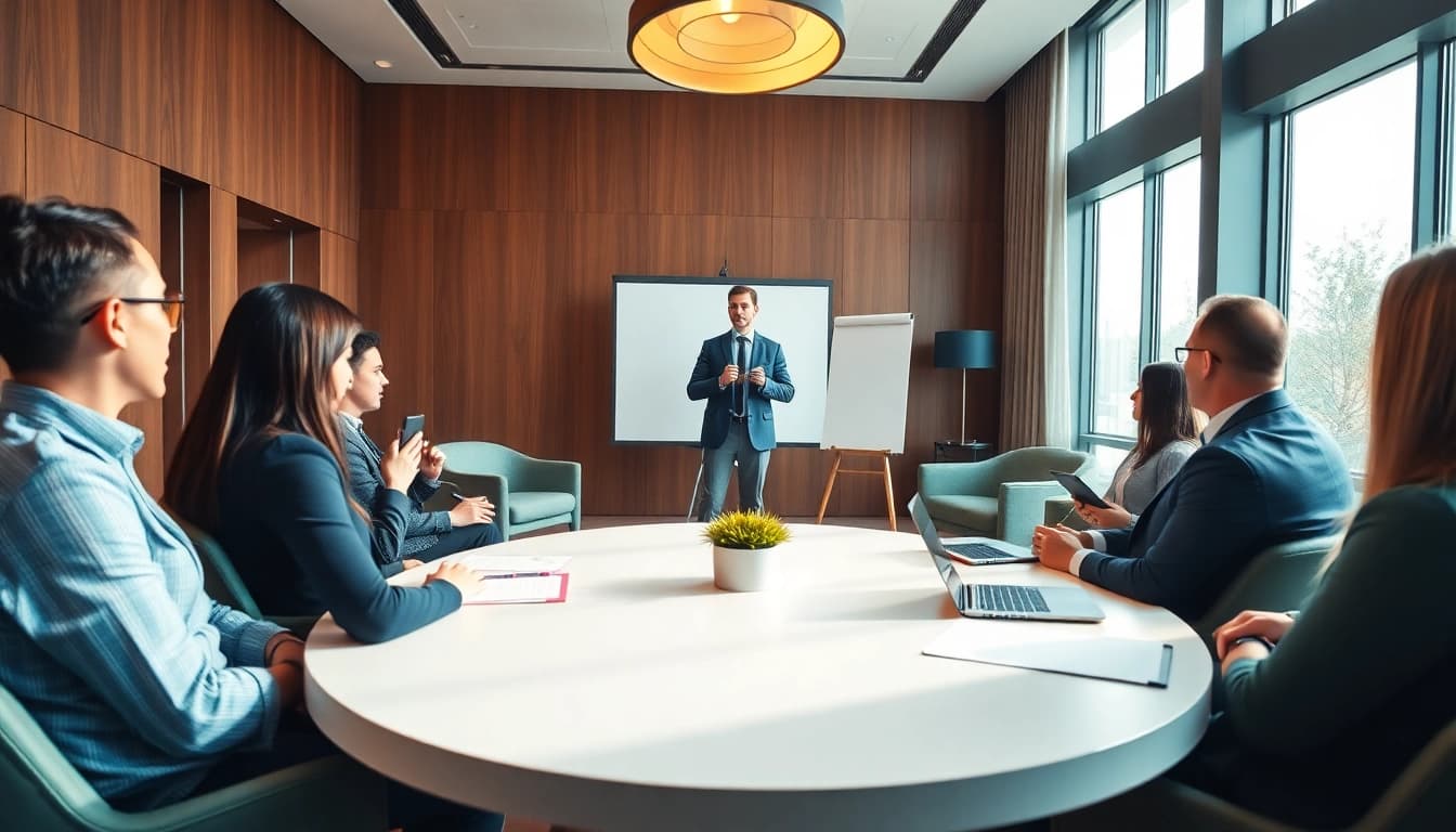 Engaging scene of Public Speaking Training session with a professional trainer and eager participants.