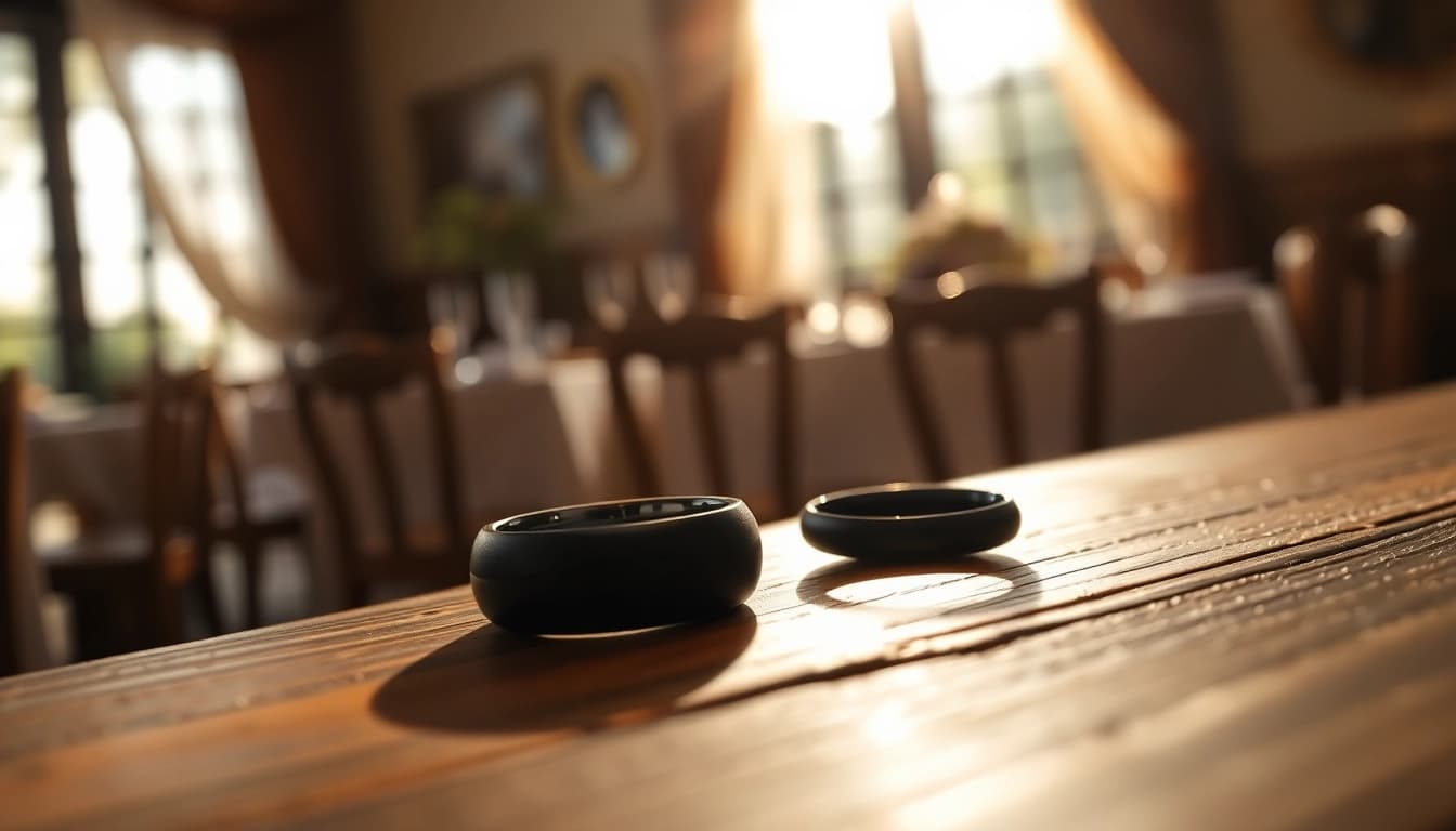 Elegant Black Zirconium Rings glimmering on a rustic wooden surface, showcasing their sleek design and luxurious appeal.