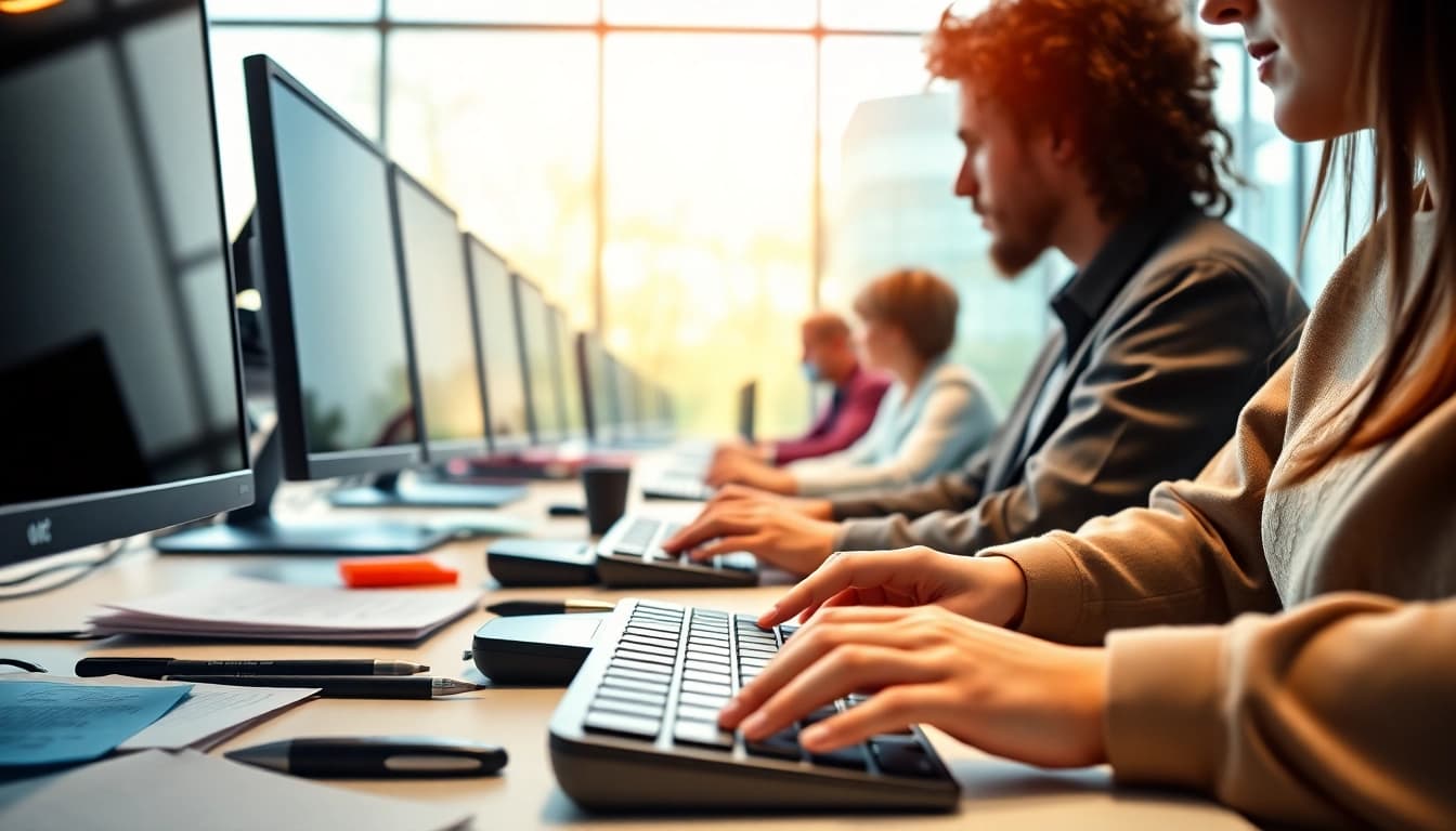 Individuals engaged in a typing center surrounded by organized workspace and natural lighting.