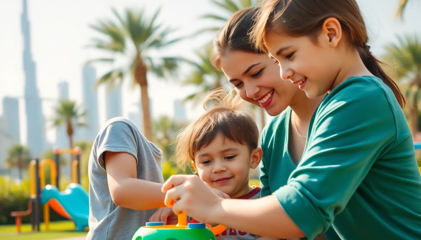 Find a Nanny in Dubai while a caring nanny engages playfully with children in a sunny park.