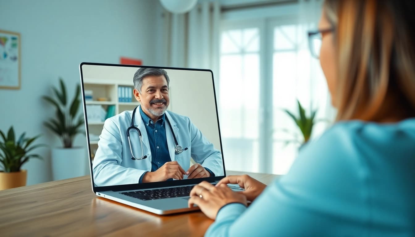 Engaging consultation with a doctor online 24/7 through video chat in a cozy office.