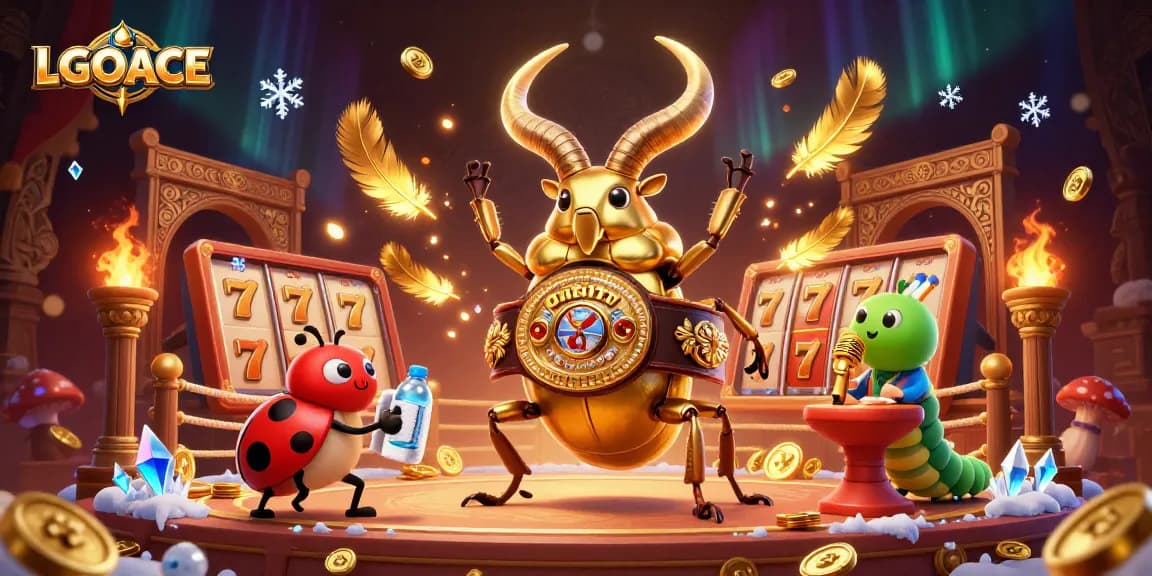 LGOACE features a dynamic illustration of a golden stag beetle champion amidst slot elements, showcasing excitement.