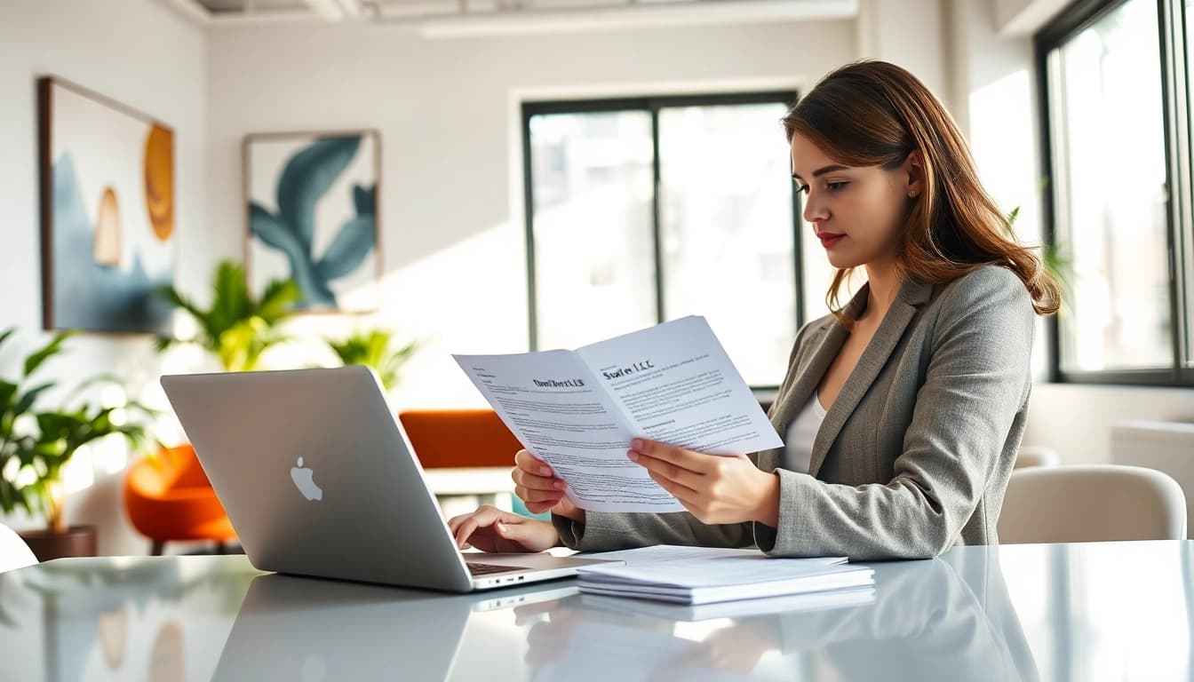 Businesswoman researching how to start an LLC in a modern office.