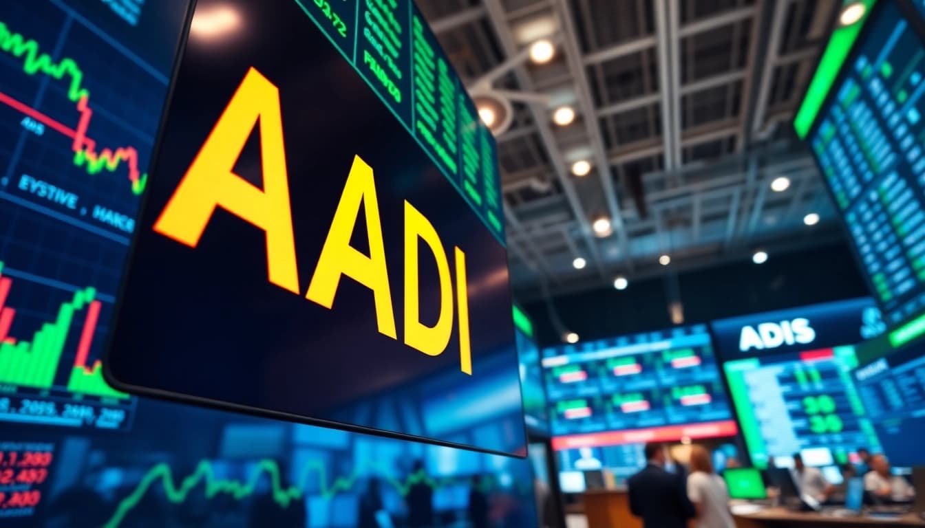 Analyze ADI stock price trends on a vibrant trading floor with digital displays.