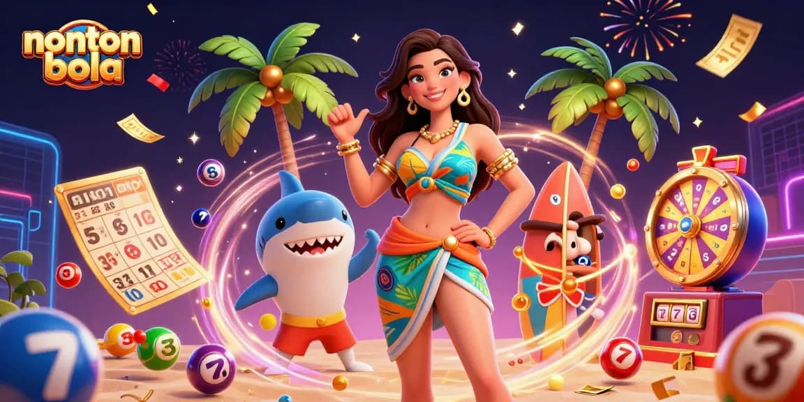 Nonton bola with a vibrant, fun scene featuring beach elements, lottery, and casino dynamics.