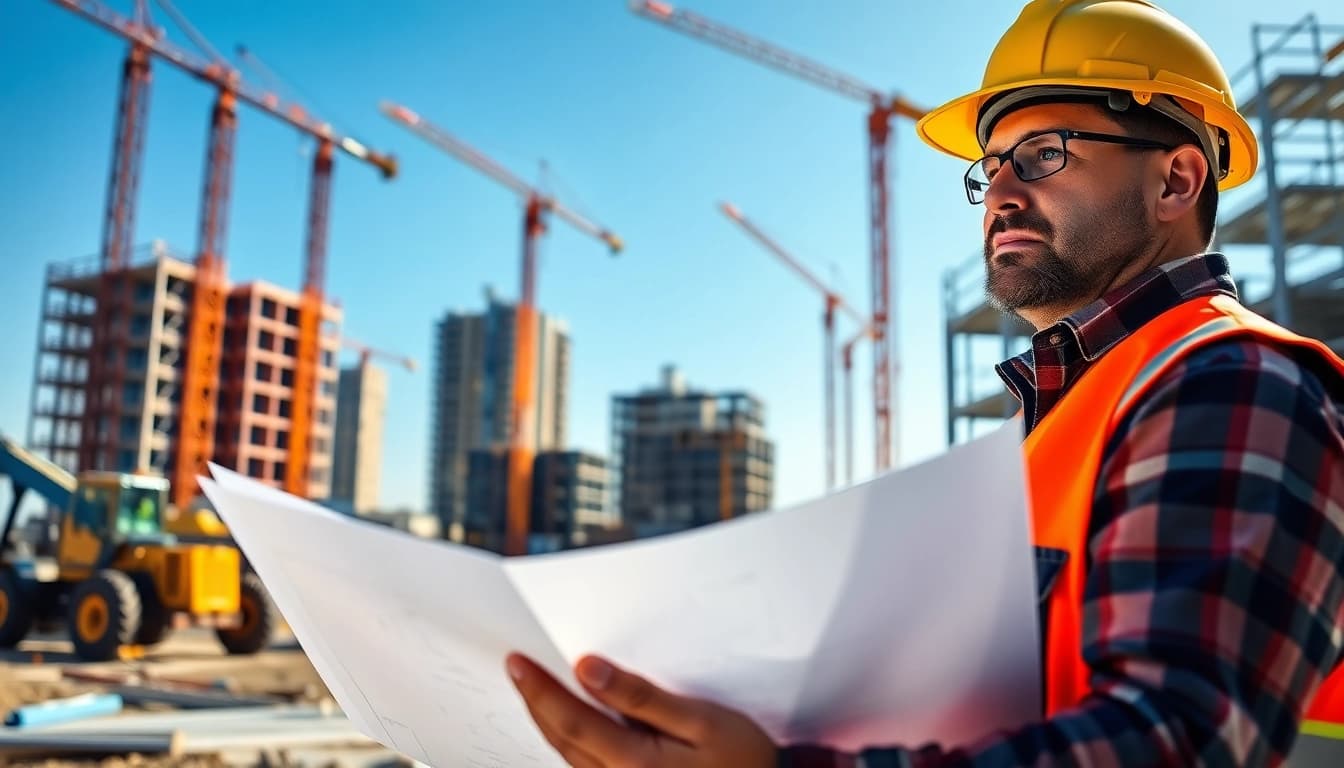New Jersey Construction Manager overseeing a construction site with blueprints.