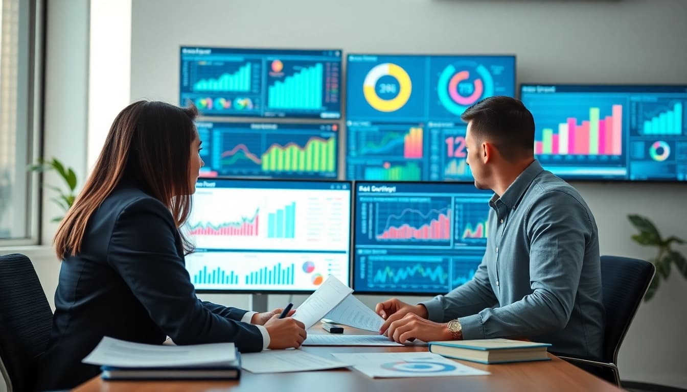 Team analyzing AI for competitive intelligence dashboards and market insights in a bright office.