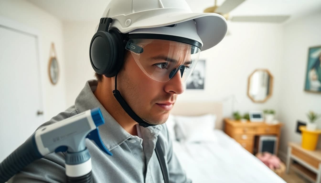 Technician performing bed bug pest control in a bedroom, showcasing tools and techniques in action.