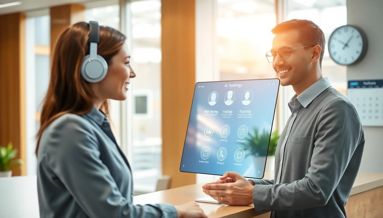 AI Receptionist engaging with a client using a modern digital interface in a professional office.