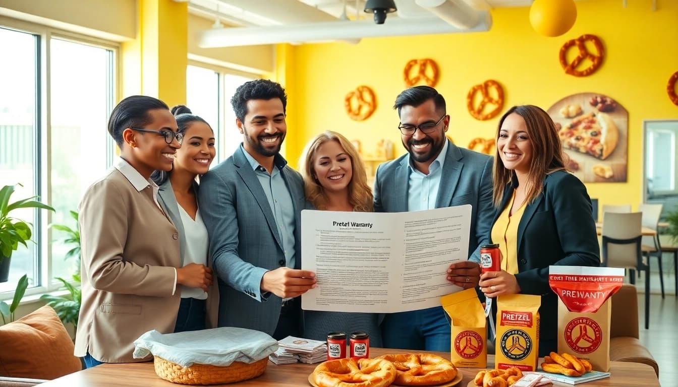 Who owns Pretzel warranty showcased by a professional team discussing warranty details in an engaging office.