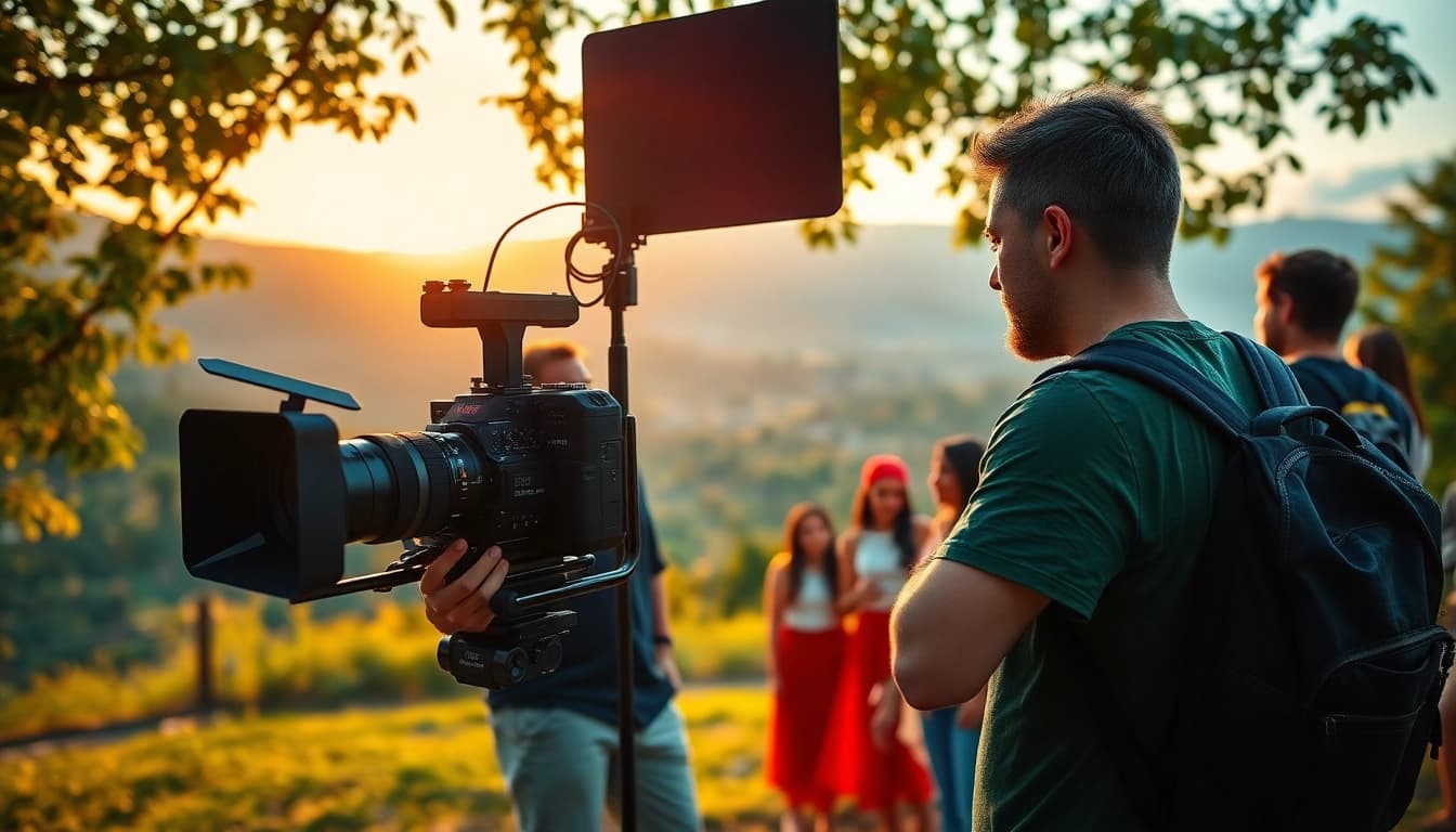 Filmmaker creating engaging branded content outdoors with vibrant energy and creative collaboration.