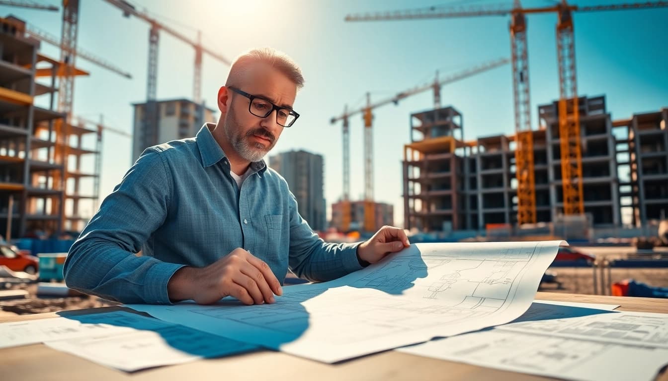 Construction developer analyzing plans at a construction site, showcasing architectural features.