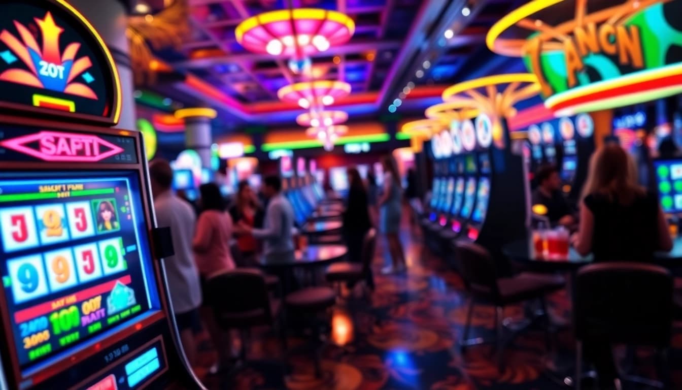 Slot mesin dengan jackpot dan pemain yang bersemangat di kasino