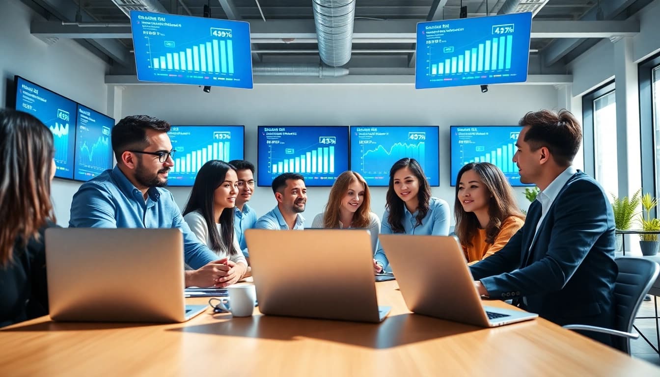 A diverse marketing team working together in a bright office, showcasing collaboration at a social media agency.