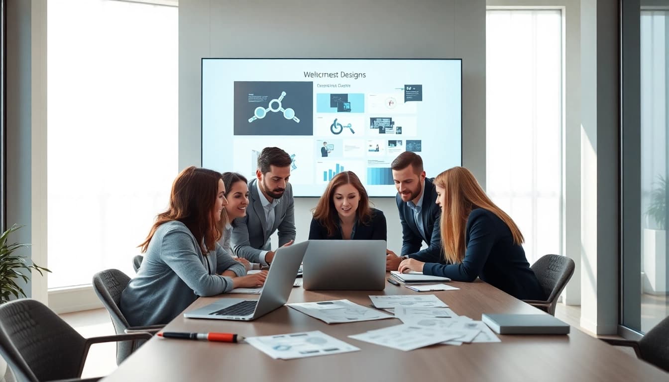 Dynamic team at a web design company brainstorming innovative ideas in a modern workspace.