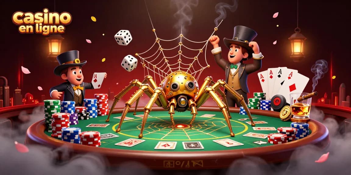 Explorez un casino en ligne captivant avec une araignée steampunk et des jetons de poker à profusion.