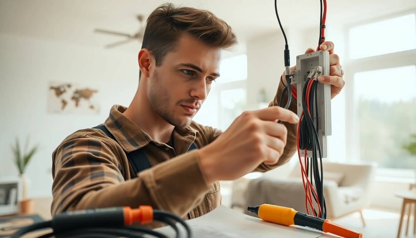 Find trusted electrician companies near me, showcasing a skilled electrician at work in a modern home.