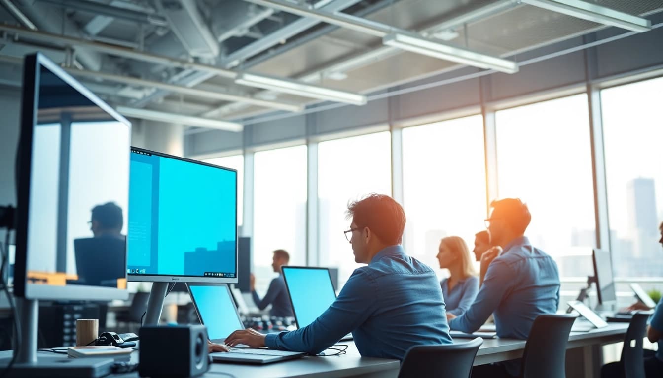 Showcasing Technology innovations and collaboration in a modern workspace environment.