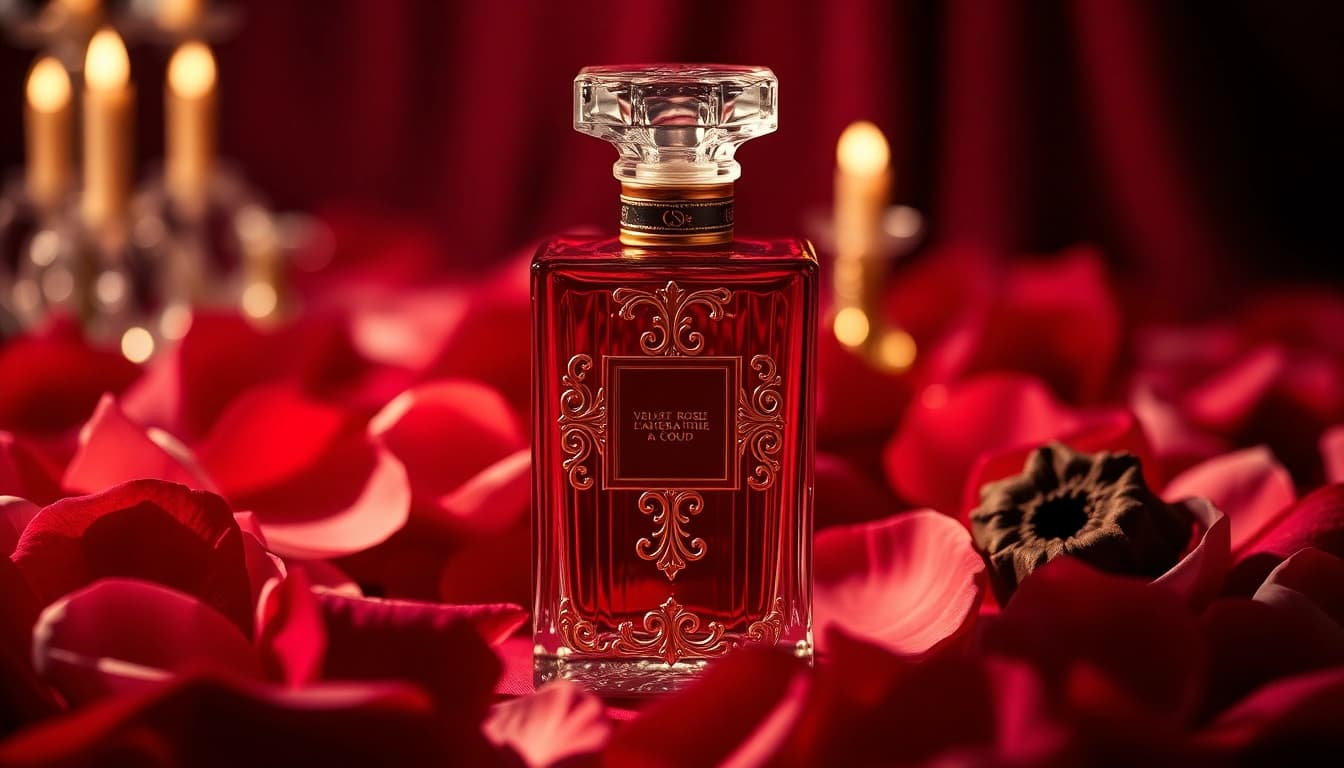 Captivating Velvet rose & oud fragrance showcased with luxurious details.