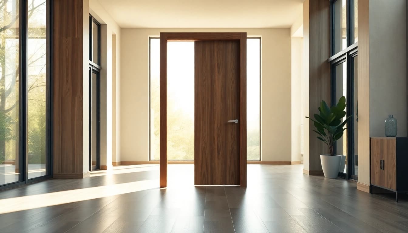 Modern single leaf swing door enhances a bright hallway's elegance and design.