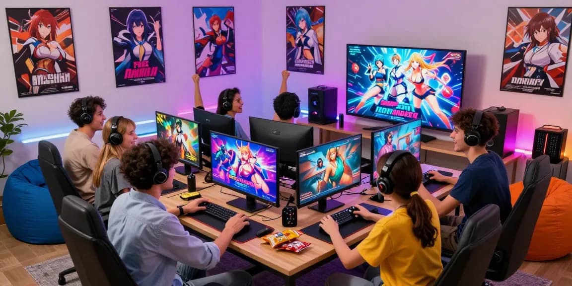 Excited group playing free hentai games on a large screen in a cozy gaming room.
