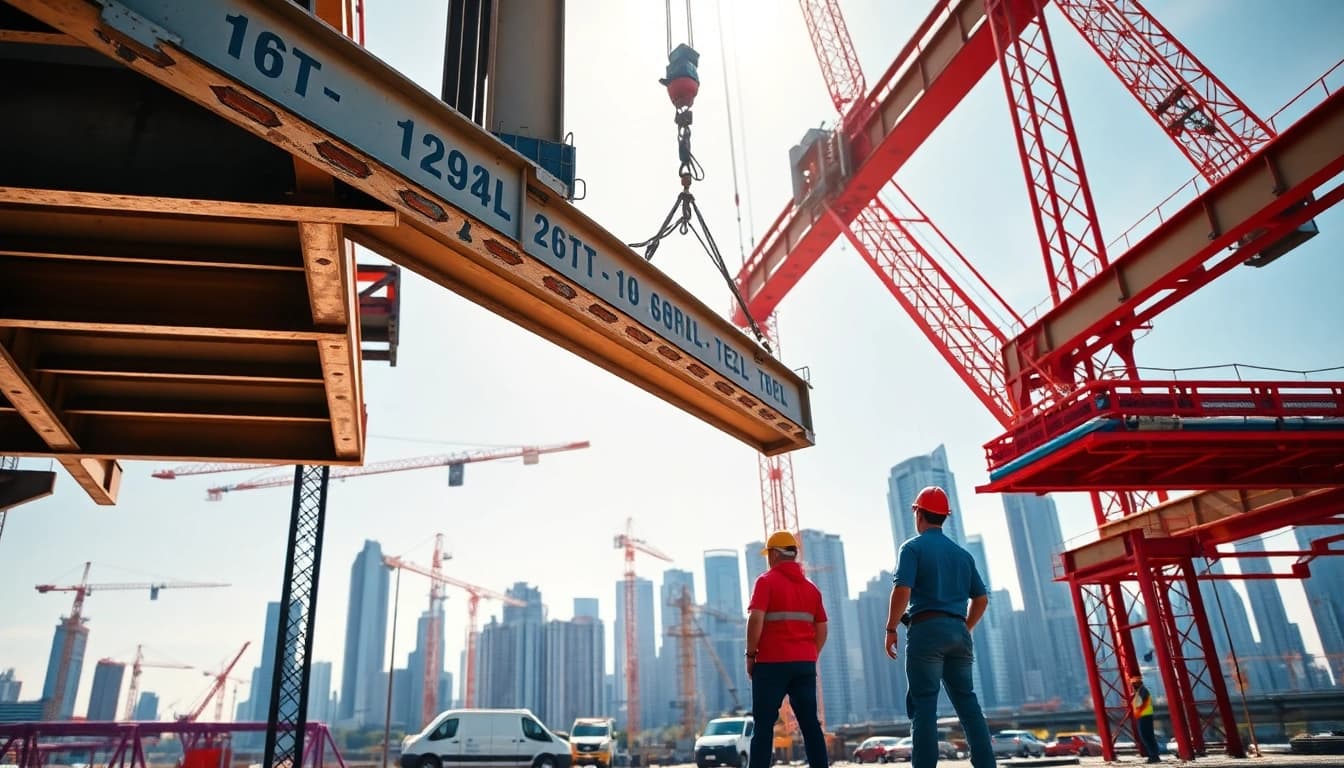 Engaged workers in structural steel construction collaboratively assemble steel beams on-site.