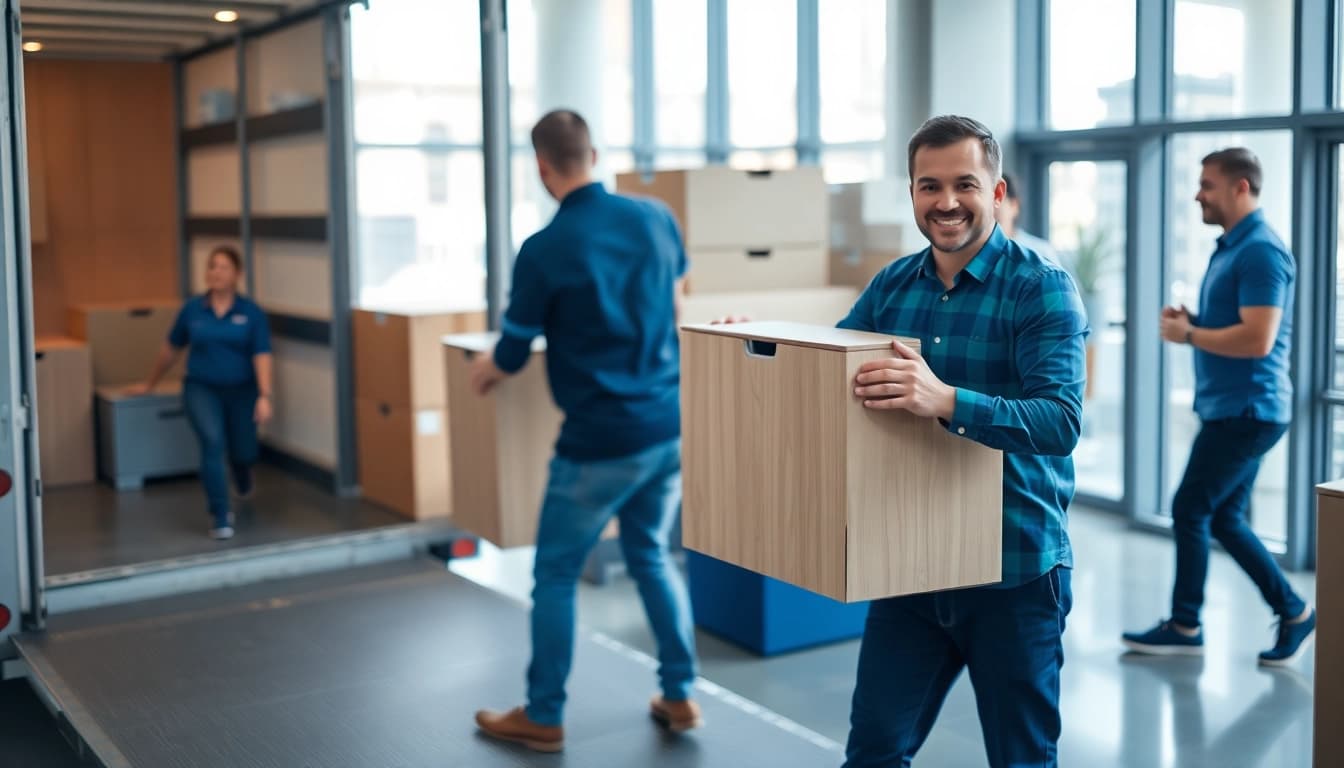 Efficient Chicago commercial moving company team loading office furniture into a truck.