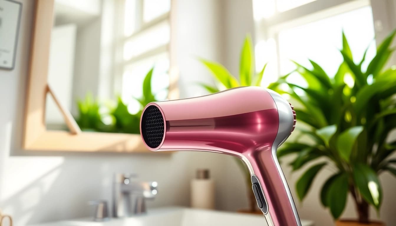 Effortlessly styling hair with an ionic blow dryer showcasing its sleek design and vibrant features.