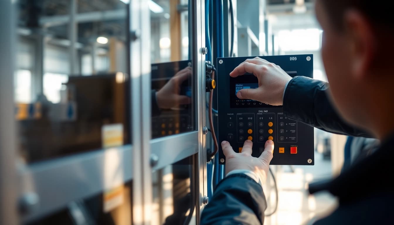 Technician adjusting the das 140 control panel in a bright industrial setting.