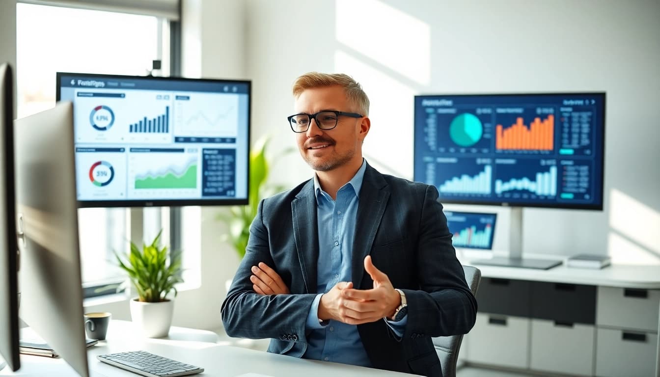 Optimise with an SEO Agentur Essen, showcasing analytics in a bright office.