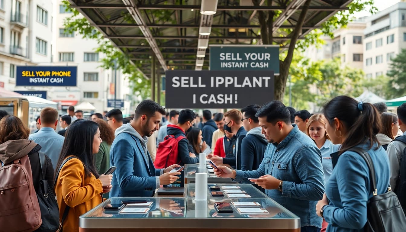 Sell your phone instant cash with vibrant market engagement amid diverse individuals.