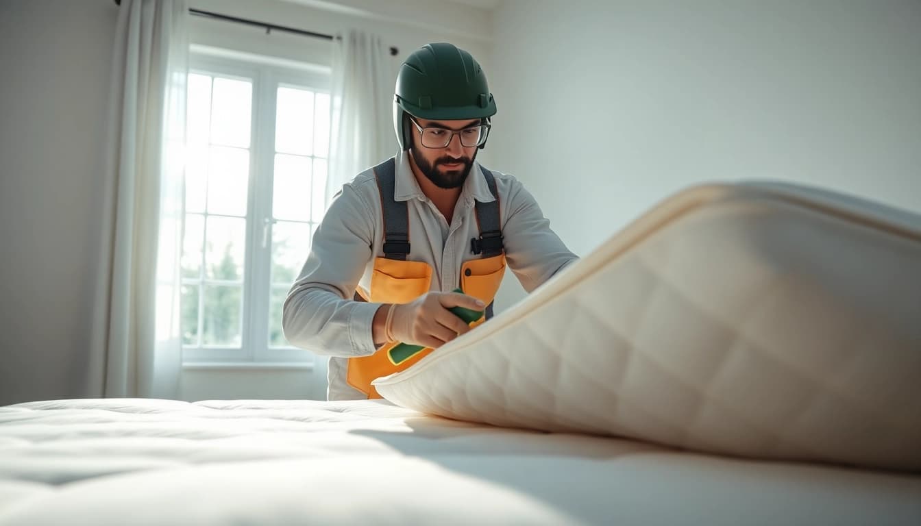 Effective bed bug removal by a pest control technician in a cozy bedroom setting.
