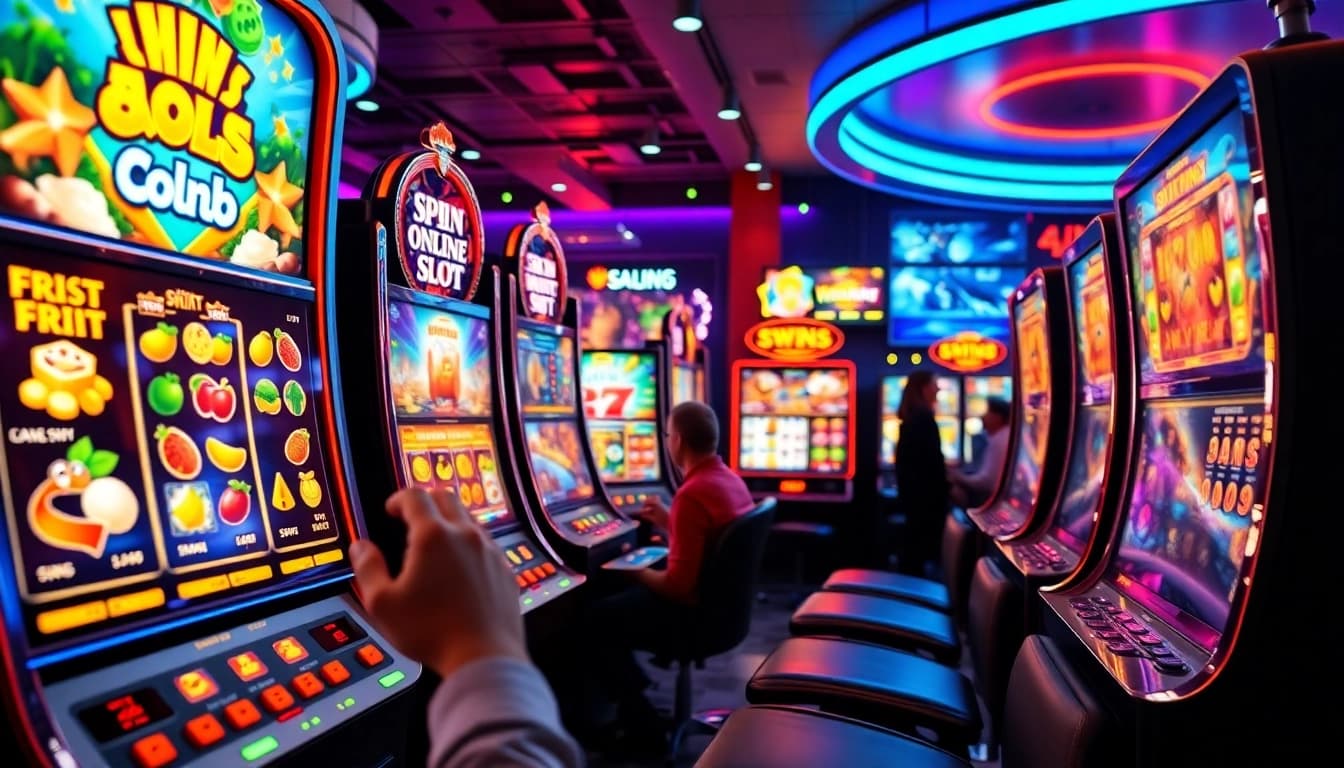Mainkan slot online dengan mesin slot berwarna cerah dan pemain yang bersemangat.