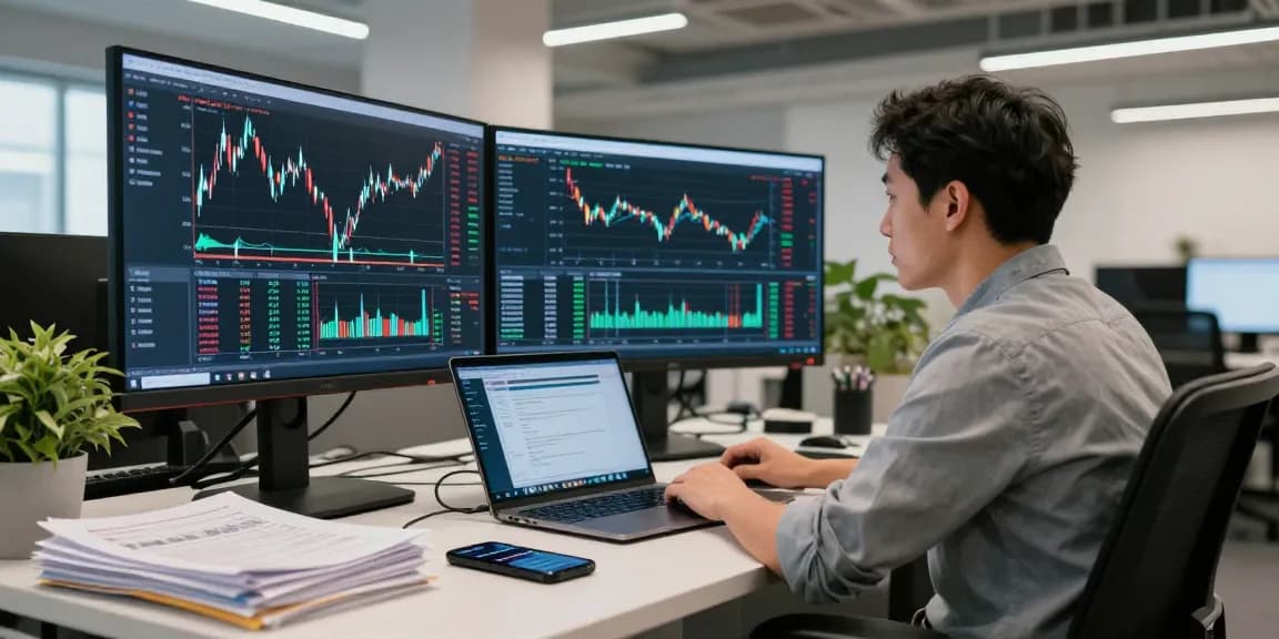 Trader analyzing live MT4 charts on multiple screens in a modern workspace.