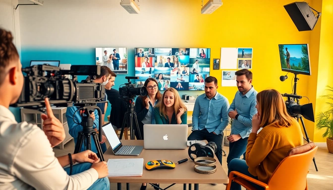 Creative Video Production Agency team brainstorming in a bright studio filled with equipment.