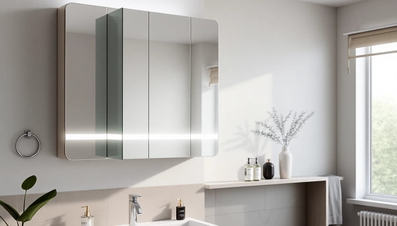 Showcasing a bathroom cabinet with mirror and light featuring sleek design and integrated LED lighting.