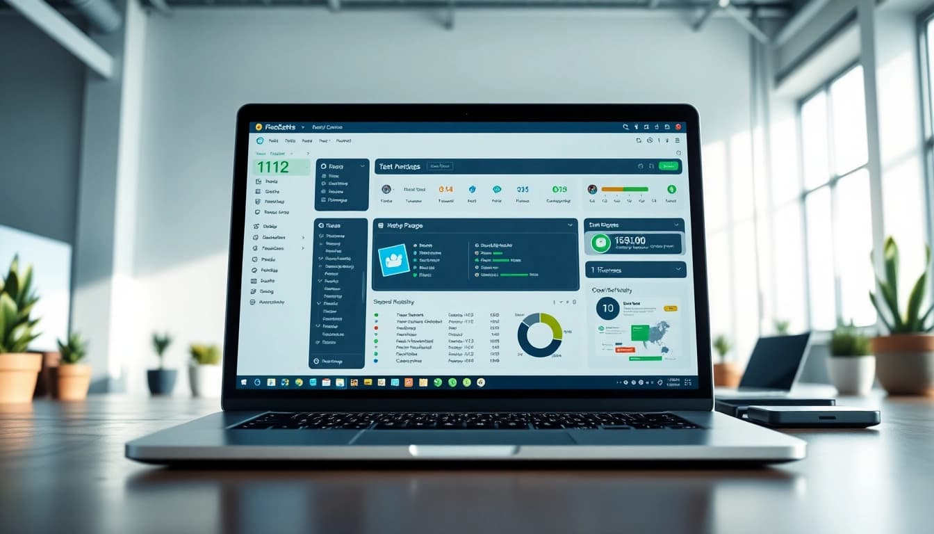 Showcasing a modern test automation tool interface on a laptop in a vibrant office setting.