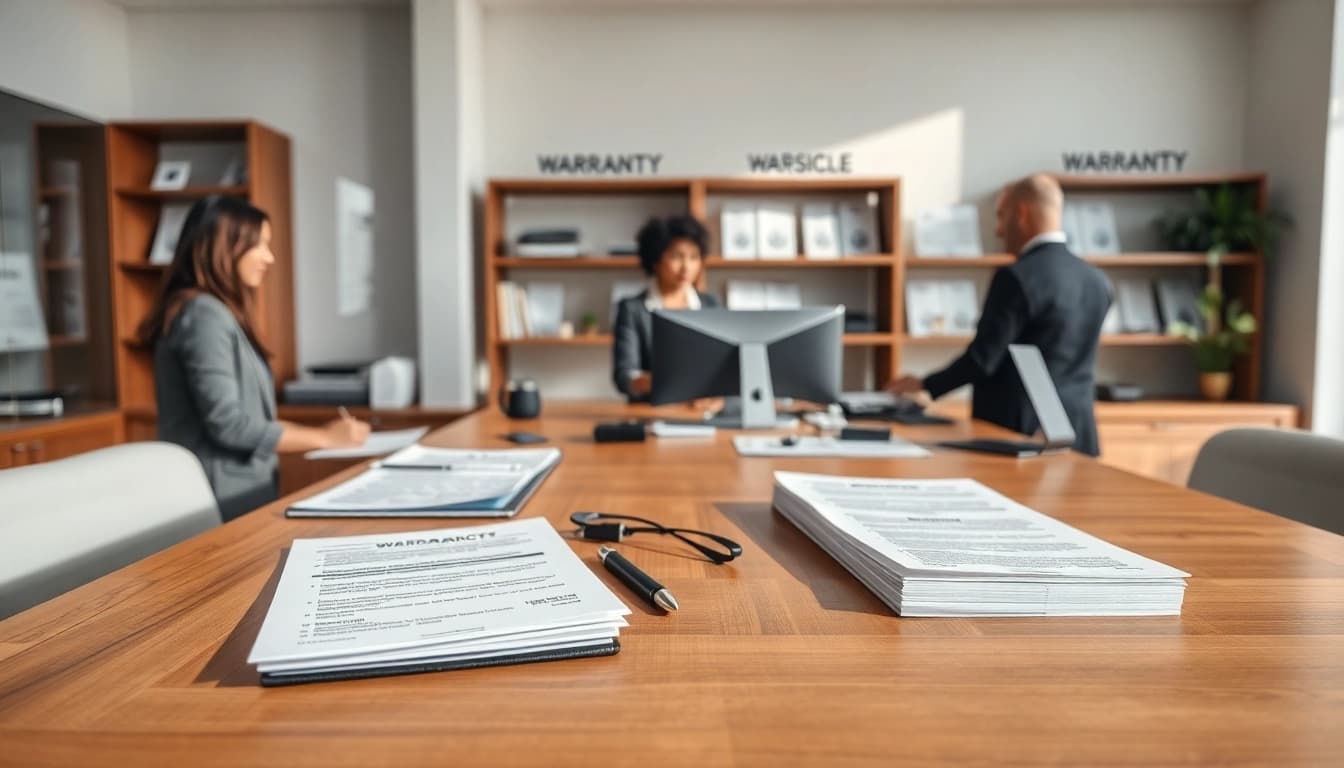 Warranty company for customers and repair providers assisting clients at a service desk with documents.