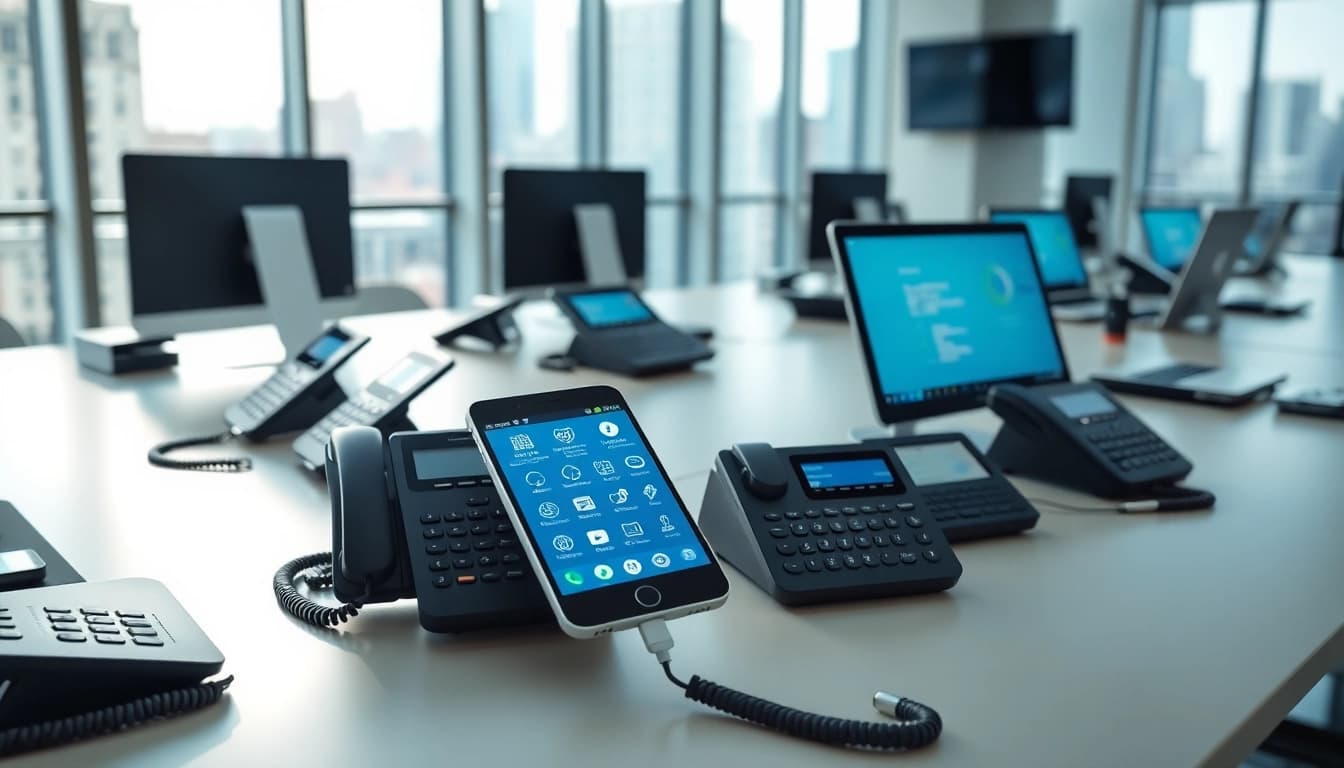 Engaging business phone providers setup showcasing modern devices and communication tools in a vibrant office