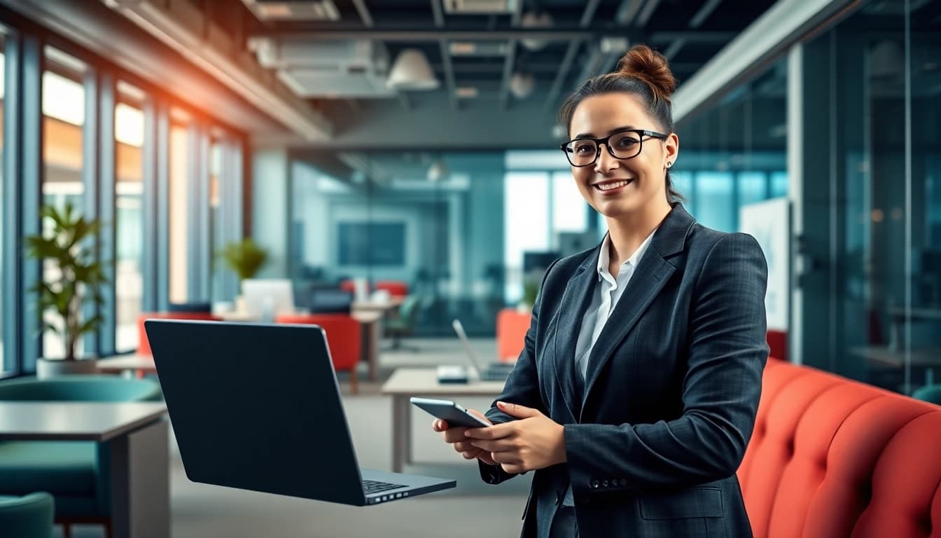 Engaging enterprise assistant navigating tasks effectively within a contemporary workplace.