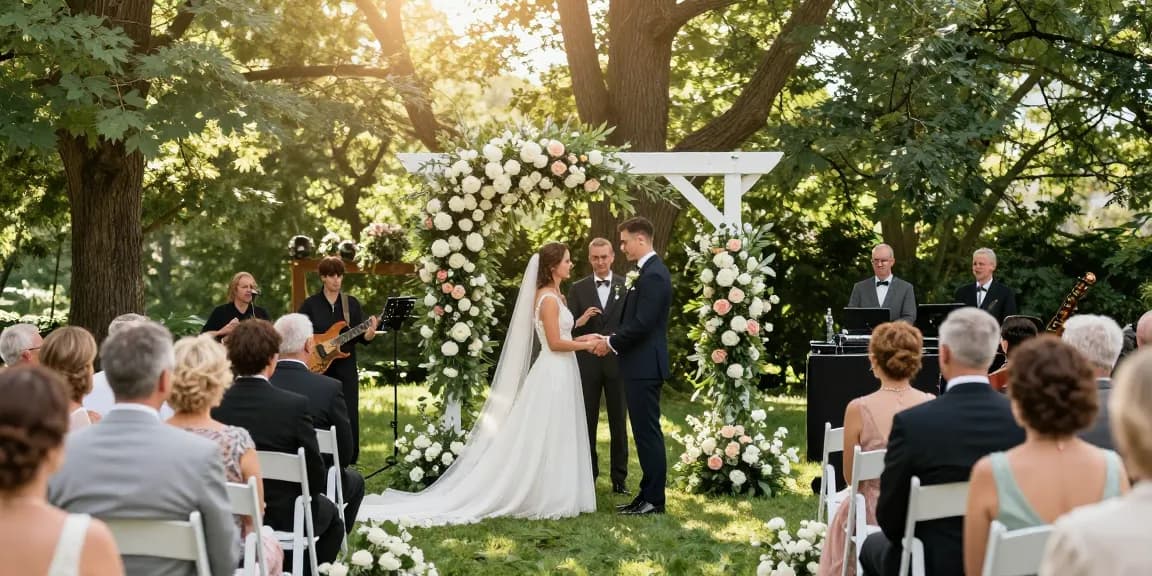 Hochzeit DJ Brandenburg bei romantischer Trauung unter Blumenbogen im Freien.