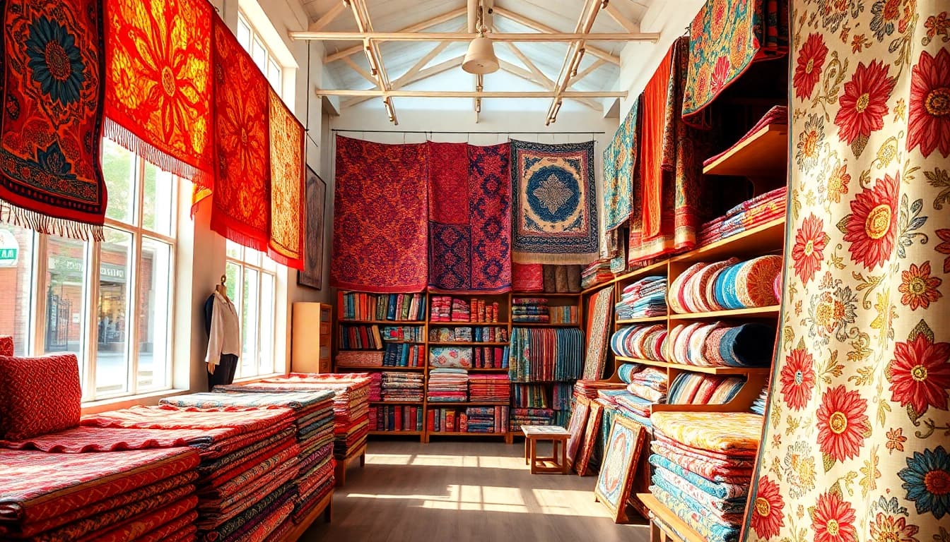 Bekijk bedrukte stoffen kopen in een kleurrijke textielwinkel met diverse ontwerpen.