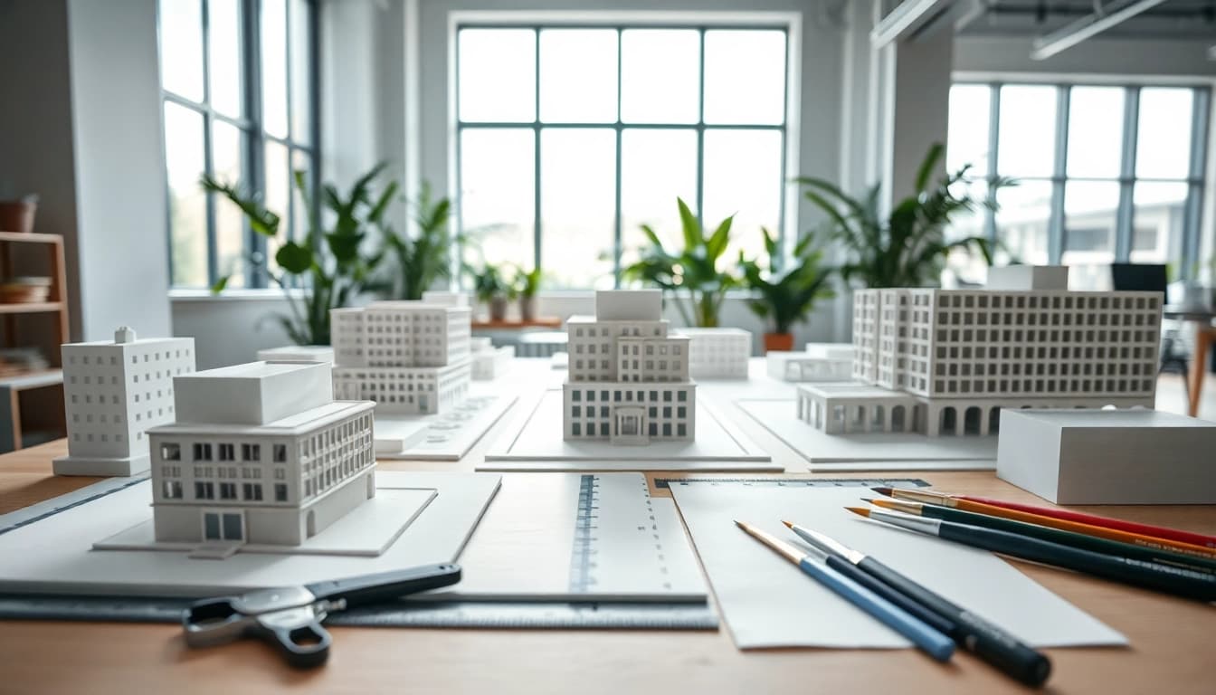 Präzise Architekturmodellbau Essen mit kreativen Arbeitsbereichen und großen Modellen.