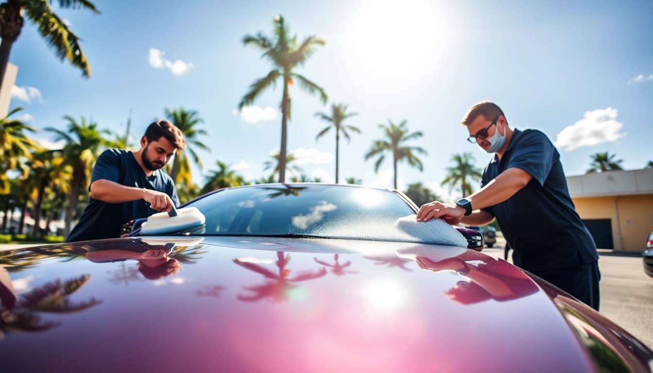 Mobile detailing Hialeah service actively cleaning a car, showcasing professional workmanship in an urban setting.