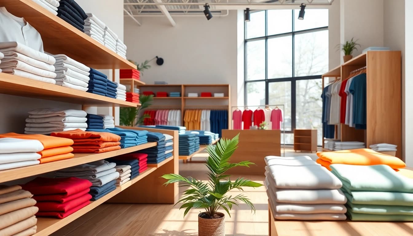 Showcase of best blank t shirts in various colors and styles on display in a retail setting.