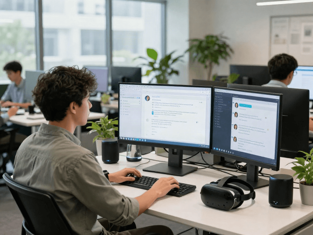Exploring a sex bot in a modern tech workspace with screens displaying AI interfaces and analytics.